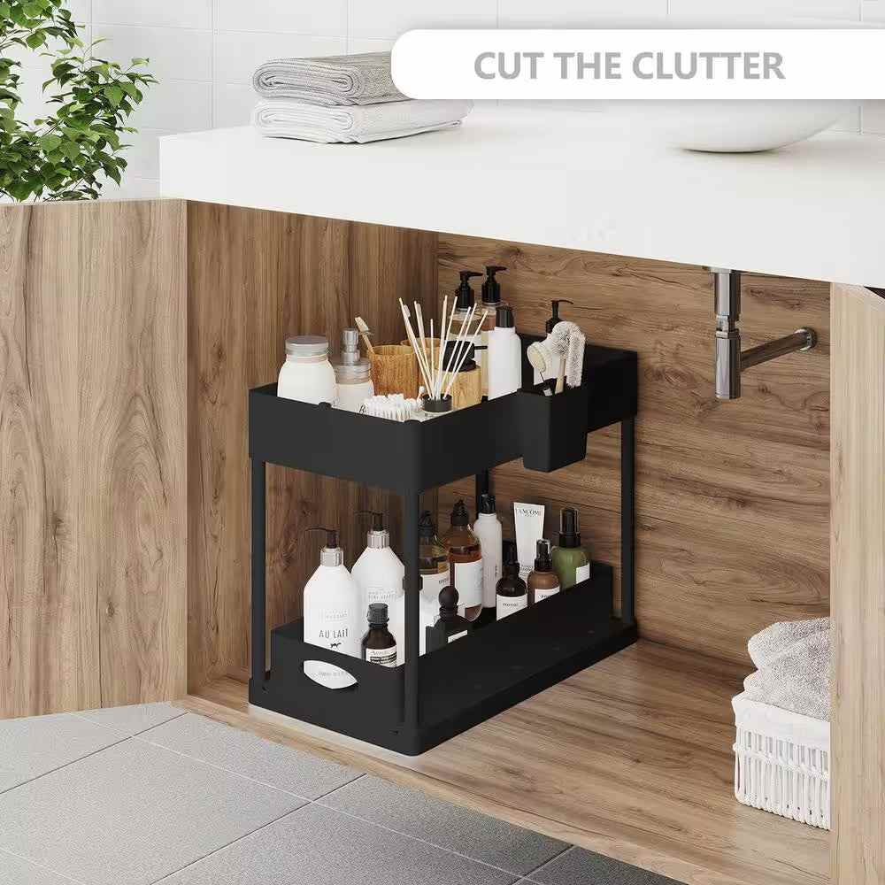 2-Tier Black Sliding Under Sink Organizer Installed Under Kitchen Cabinet