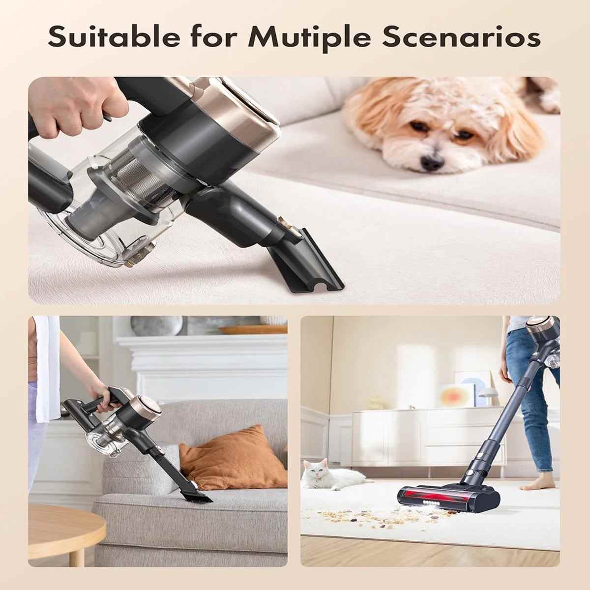 Cordless Vacuum Cleaner, 300W 23Kpa Powerful Suction Vacuum with LED Display, 3 Suction, 48Mins Runtime, Lightweight Stick Cleaner with Sofa Brush for Hard Floor/Carpet/Pet Hair/Car, Black