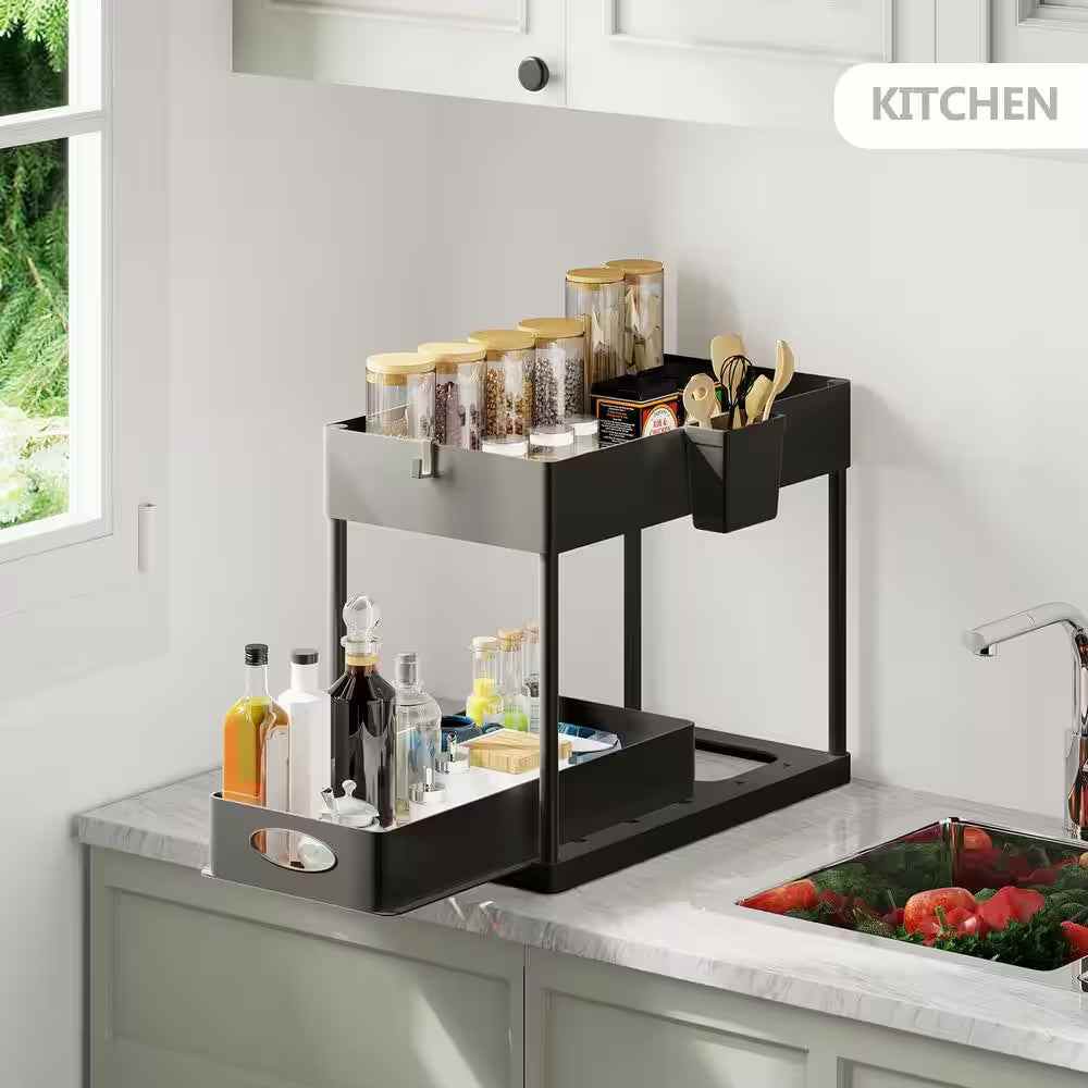 2-Tier Black Sliding Under Sink Organizer with Pull-Out Storage Baskets