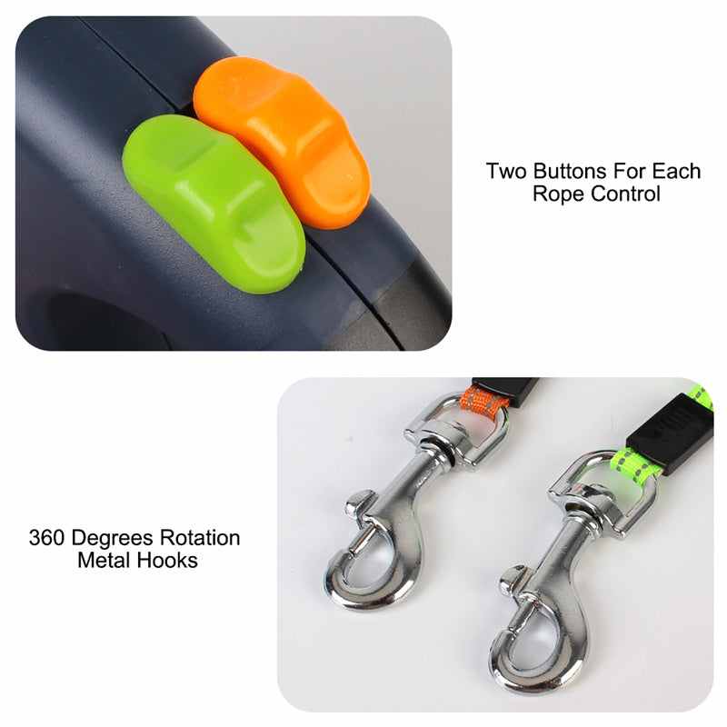 Dual retractable dog leash accessories showing lock button, flashlight, and charging port