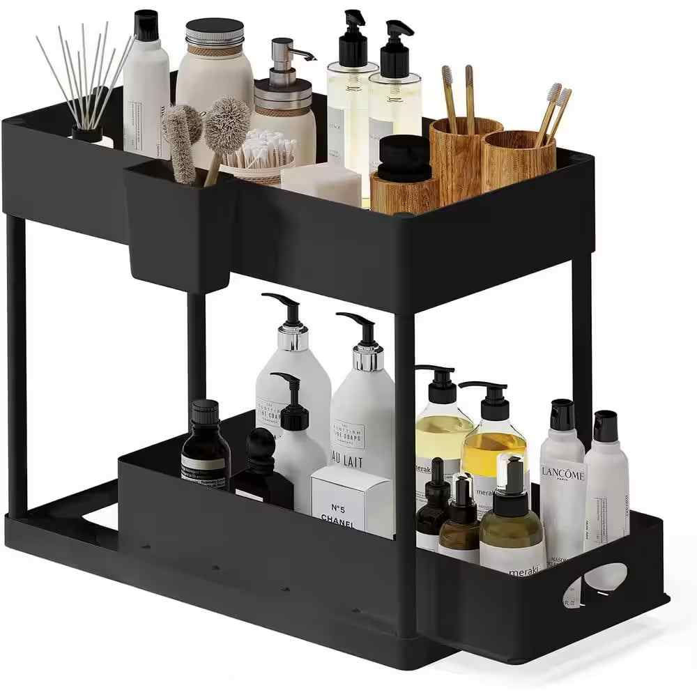 2-Tier Black Sliding Under Sink Organizer for Kitchen and Bathroom Storage