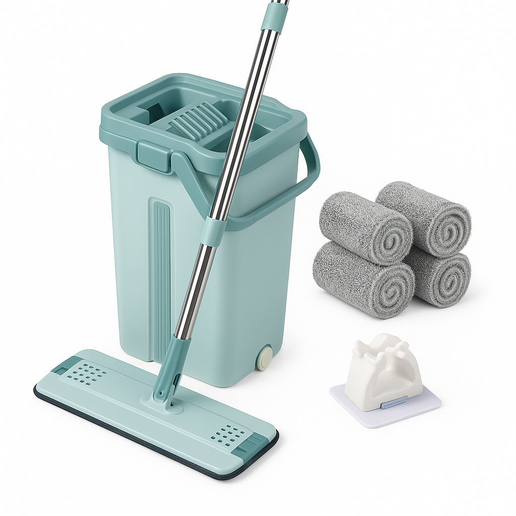 Flat Squeeze Mop & Bucket Set – Hands-Free Wringer with Microfiber Pads