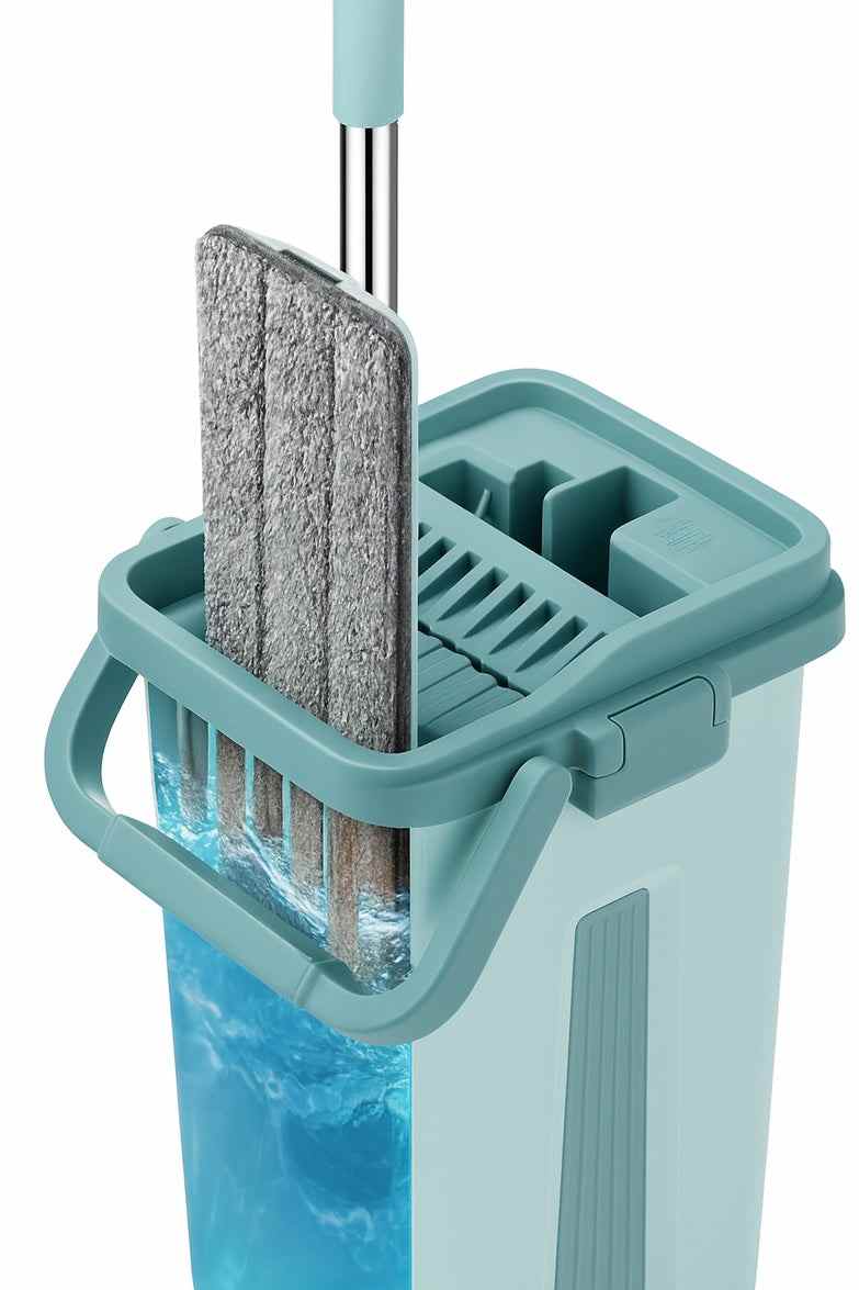 Flat Squeeze Mop & Bucket Set – Hands-Free Wringer with Microfiber Pads