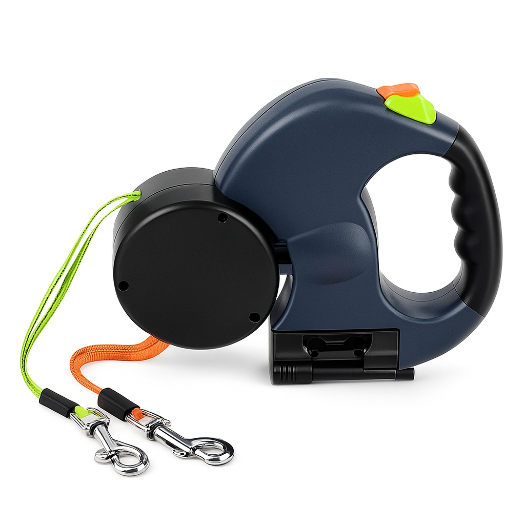 Dual retractable dog leash with flashlight and 360° tangle-free design