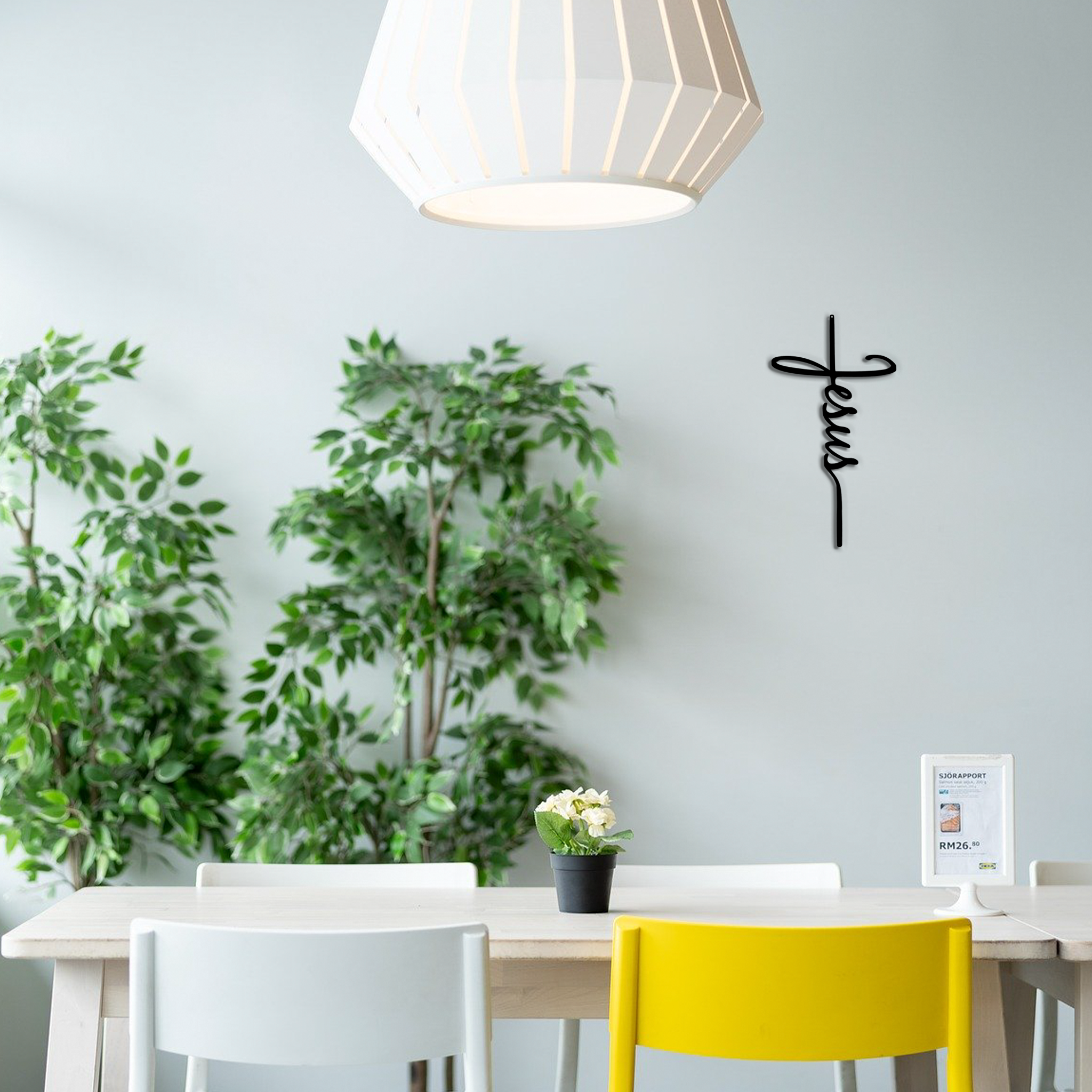 Jesus Cross metal wall art displayed in modern Christian living room décor