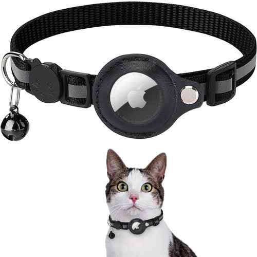 Reflective Airtag Case Collar for Cats and Dogs with adjustable strap and bell, nighttime visibility.