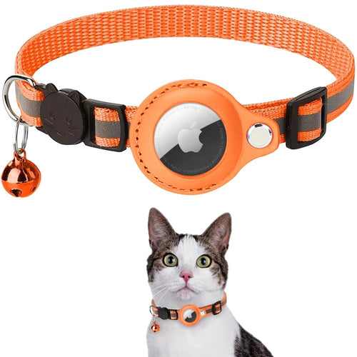 Reflective AirTag case collar for cats and dogs in orange with a bell, featuring AirTag holder.