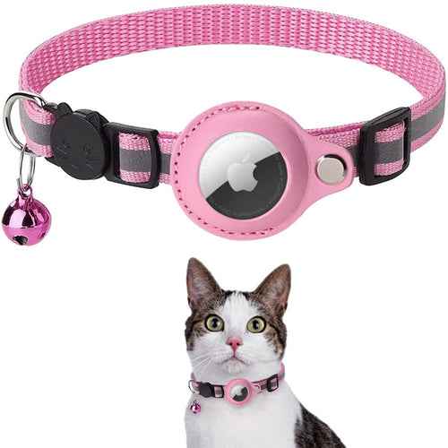 Pink reflective Airtag case collar for cats and dogs with bell, nighttime visibility.