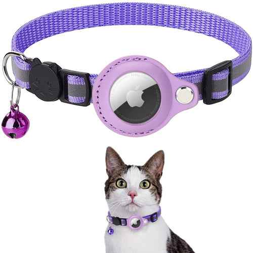 Purple reflective Airtag case collar for cats and dogs with bell, enhances nighttime visibility.