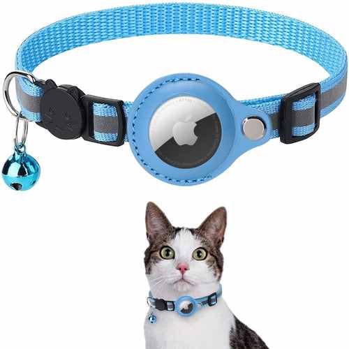 Blue reflective Airtag case collar for cats and dogs with blue bell; Apple AirTag secured inside.
