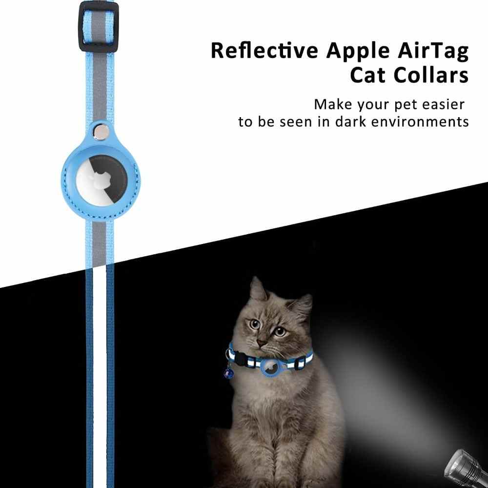 Reflective AirTag Case Collar for Cats and Dogs: blue strap with round housing, worn by a cat for nighttime visibility.