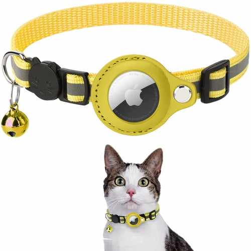 Reflective yellow Airtag case collar for cats and dogs with bell, lightweight, durable, provides nighttime visibility.