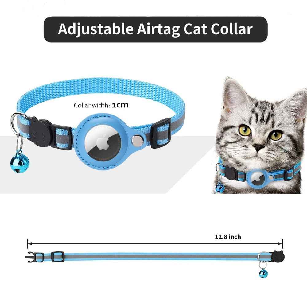 Blue reflective Airtag case collar for cats and dogs with AirTag holder and bell.