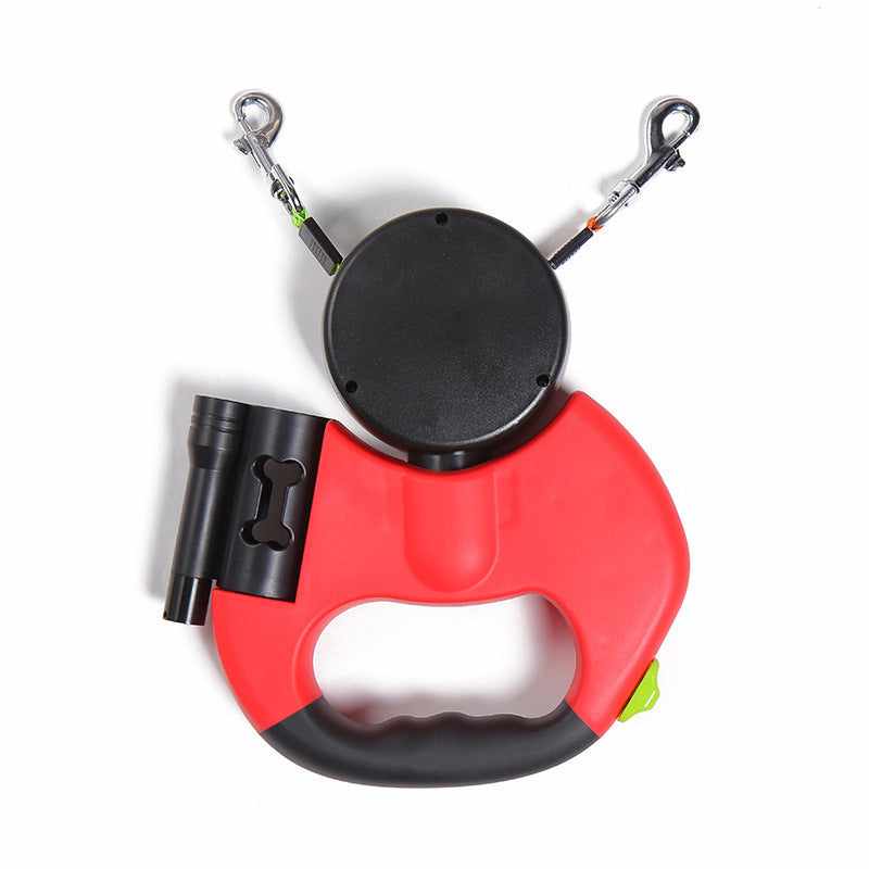 Dual retractable dog leash in red color with LED flashlight for safe night walking