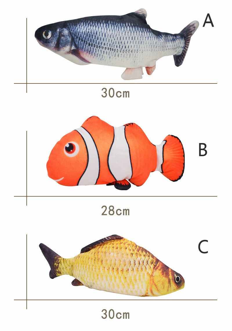 Cat playing with a realistic interactive fish toy indoors