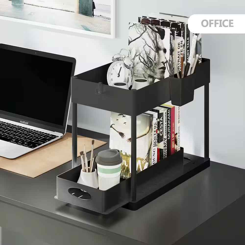 2-Tier Black Sliding Under Sink Organizer for Bathroom Cabinet Organization