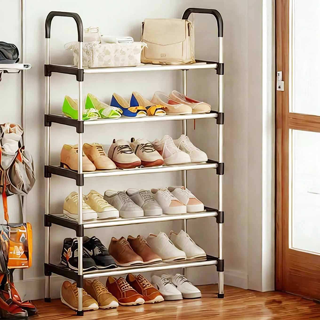5 Tier Shoe Rack, Stackable Metal 15 Pairs Shoes Organizer Storage Shelf for Closet Door Entryway